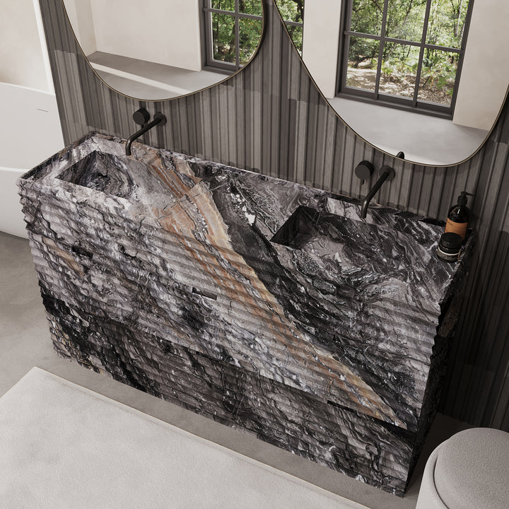 Njord ribbed marble double basin vanity in Grey Galaxy