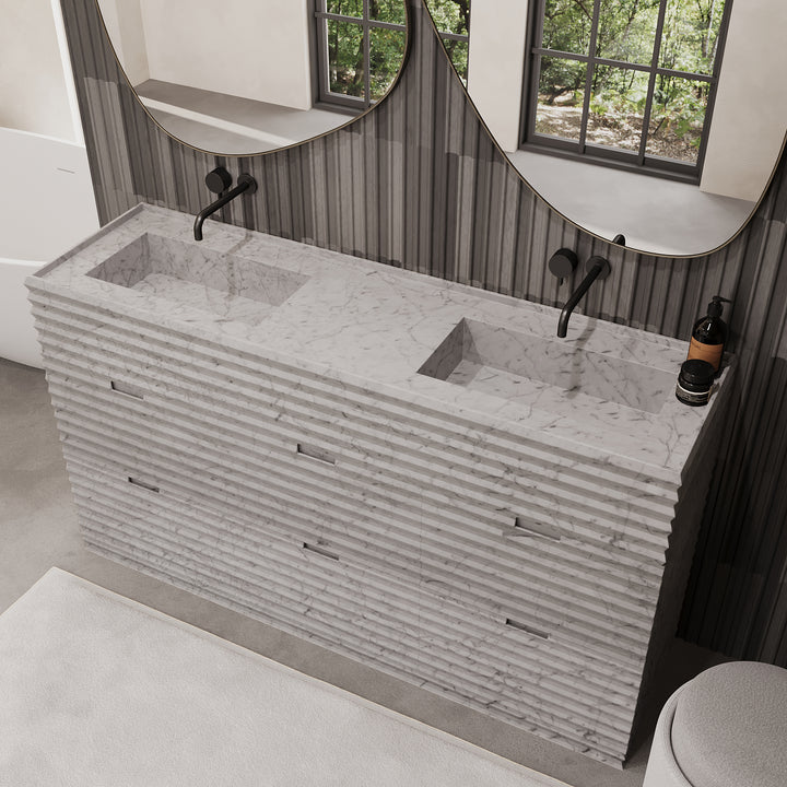 Njord - Ribbed Marble - Double Basin Bathroom Vanity - White Carrara