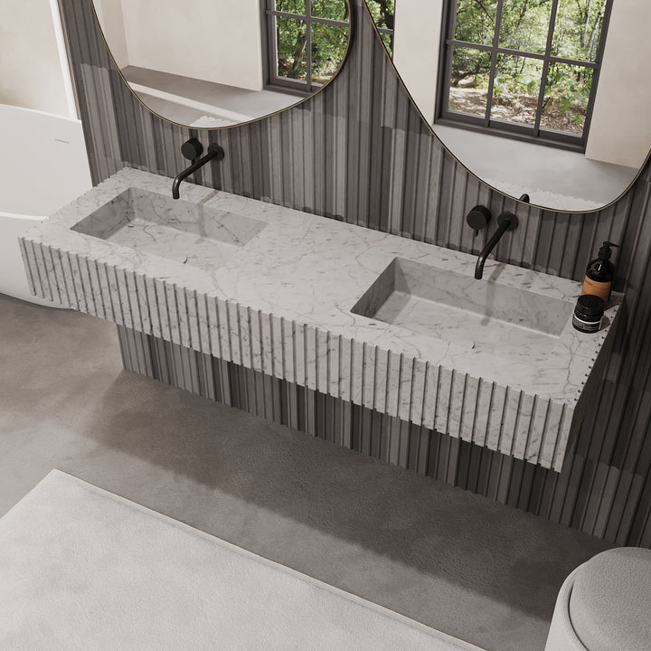 Luca ribbed marble double basin in White Carrara