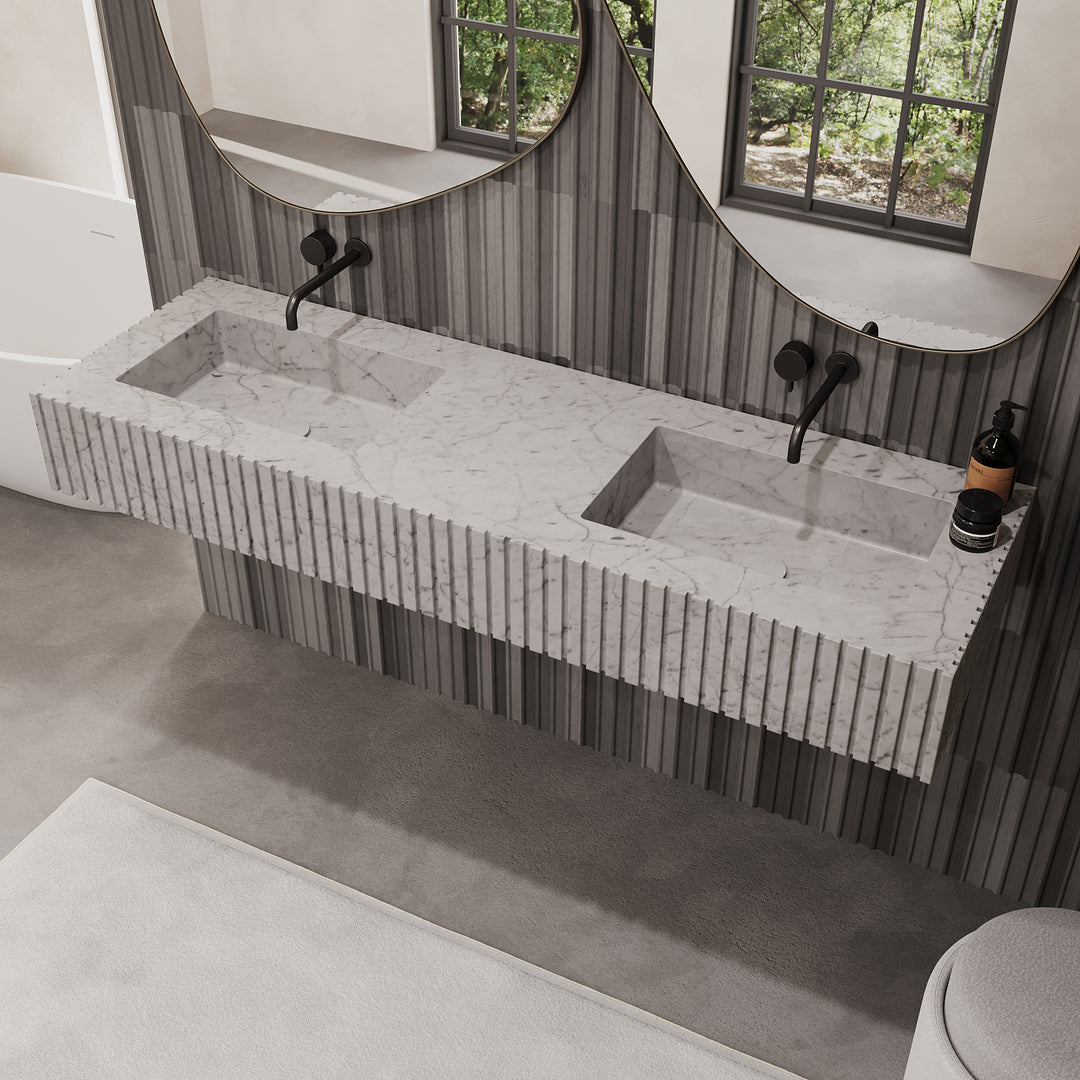 Luca - Ribbed Marble Double Basin - White Carrara