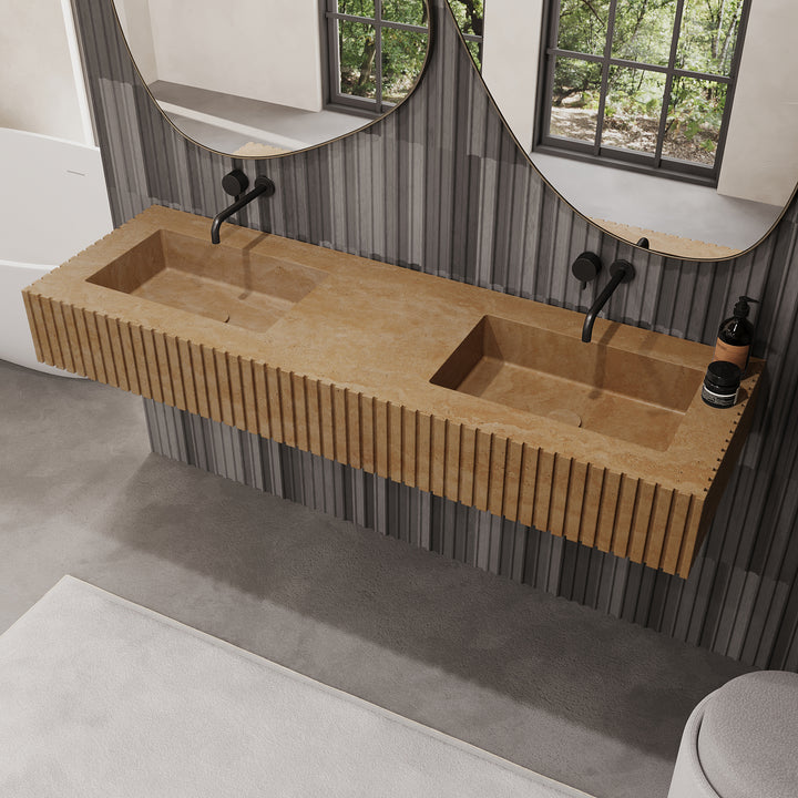 Luca ribbed marble double basin in Beige Travertine
