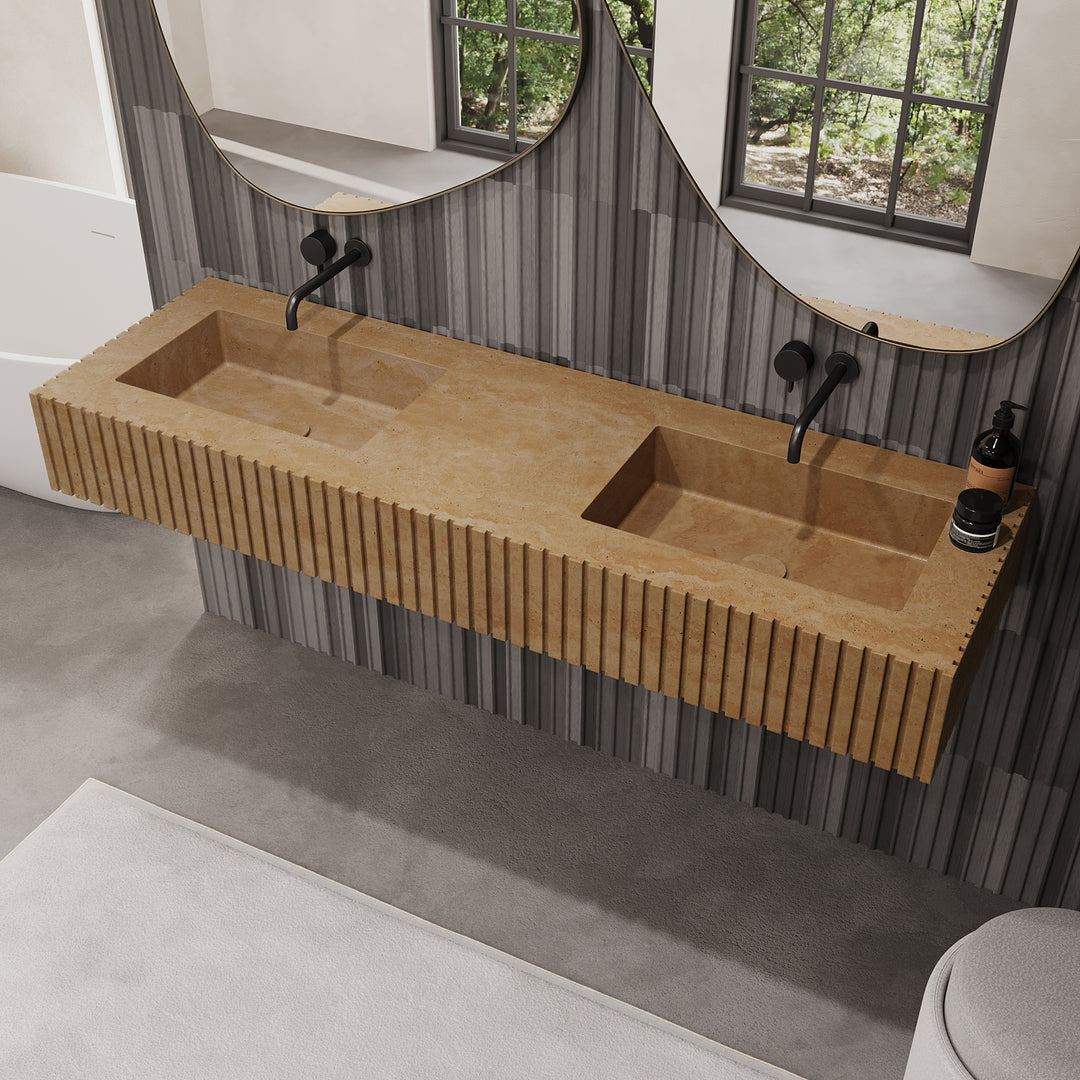 Luca - Ribbed Marble Double Basin - Beige Travertine