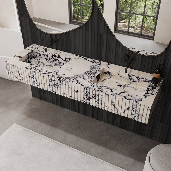 Luca ribbed marble double basin in Calacatta Viola
