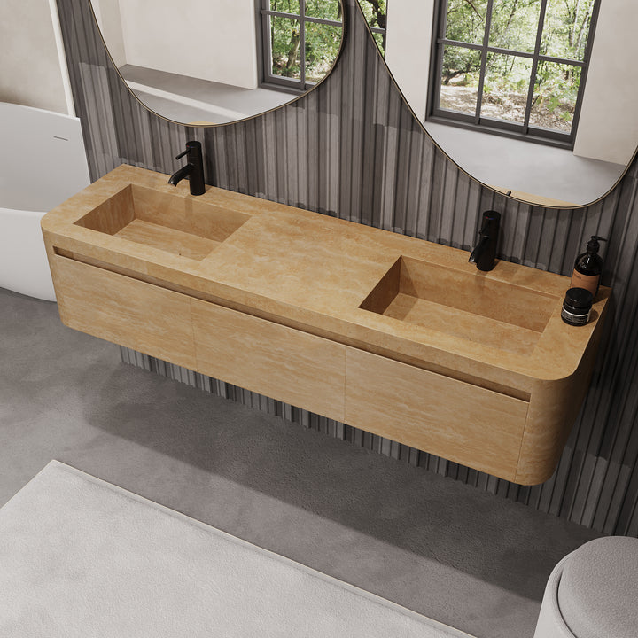 Lyke - Wall-Mounted Double Basin Bathroom Vanity - Beige Travertine