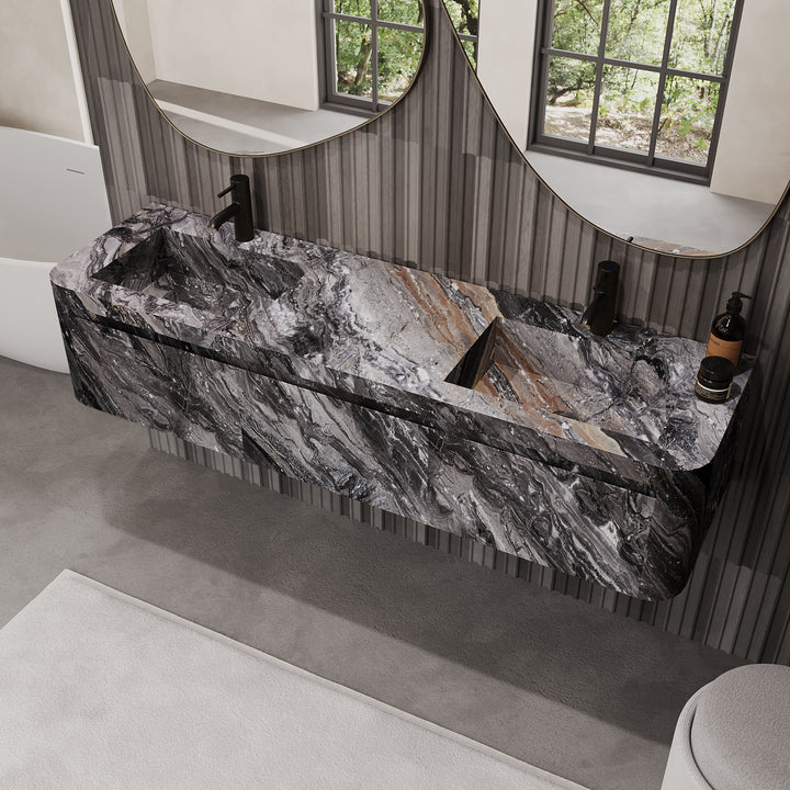 Lyke wall-mounted double basin marble vanity in Grey Galaxy