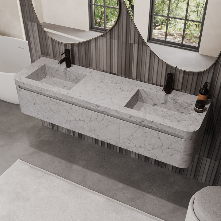 Lyke wall-mounted double basin marble vanity in White Carrara
