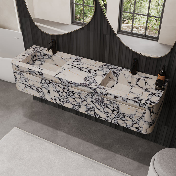 Lyke wall-mounted double basin marble vanity in Calacatta Viola