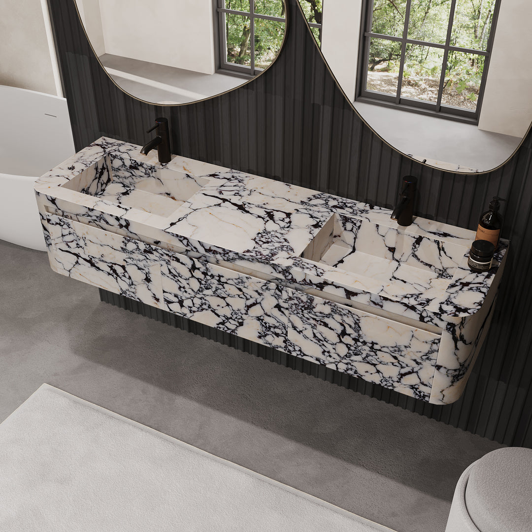 Lyke -Wall-Mounted Double Basin Bathroom Vanity - Calacatta Viola