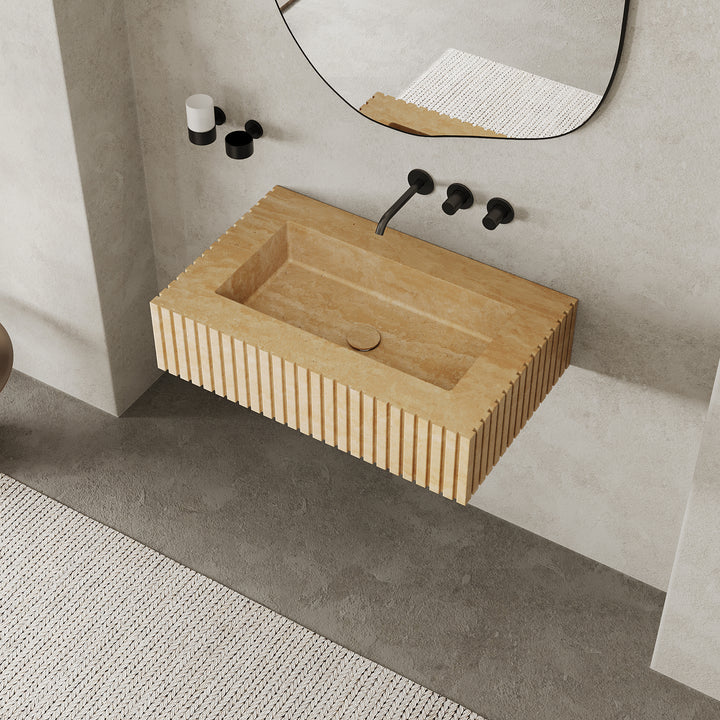 Luca Ribbed Marble Basin - Beige Travertine - Small - Lifestyle Side View