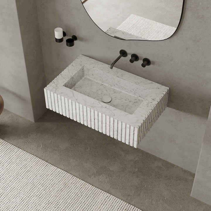 Luca Ribbed Marble Basin - White Carrara - Medium - Main