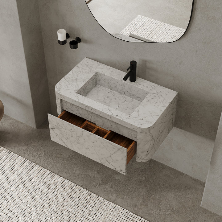 Lyke single wall-mounted marble vanity medium in White Carrara open drawers