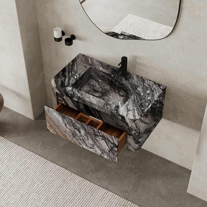 Lyke single vanity medium lifestyle view drawer open in Grey Galaxy
