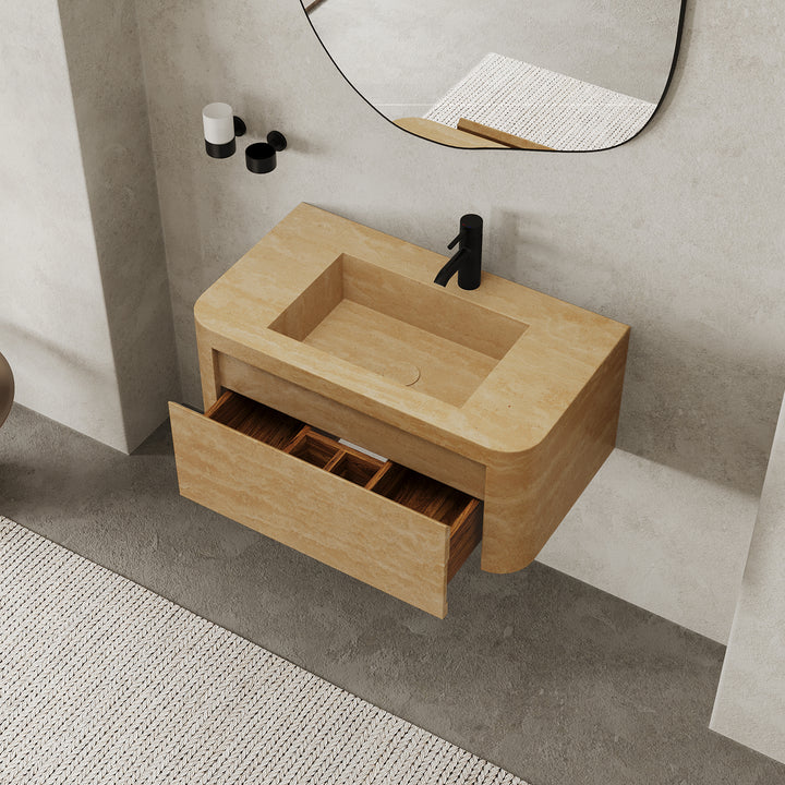 Lyke single wall-mounted marble vanity medium in Beige Travertine open drawers