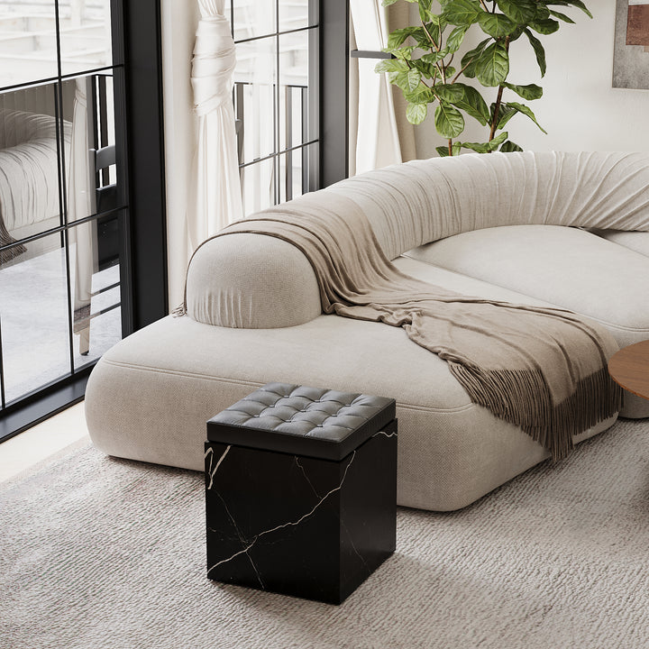 Halden tufted leather marble ottoman in Black Eagle