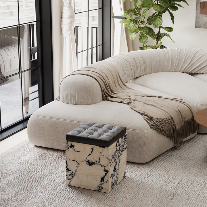 Halden tufted leather marble ottoman in Calacatta Viola