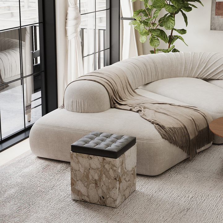 Halden tufted leather marble ottoman in Beige Breccia
