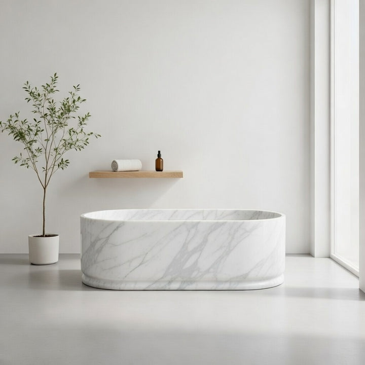 Leif oval marble bathtub in White Carrara