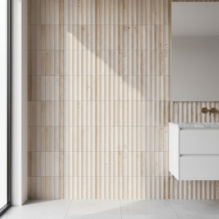 Inverted flute marble tiles lifestyle view in Beige Travertine