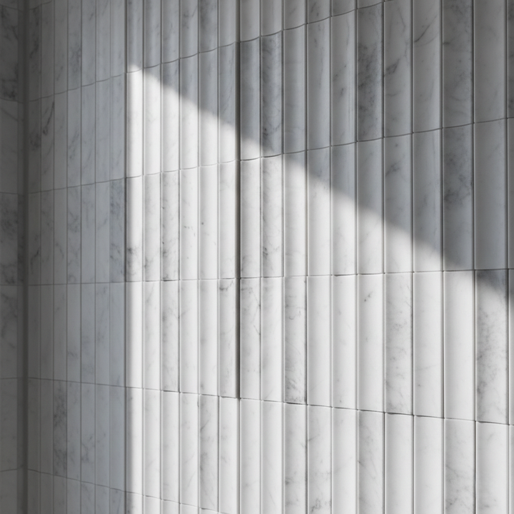 Inverted flute marble tiles lifestyle view in White Carrara