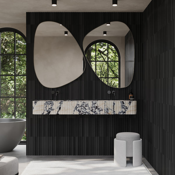 Raya double basin front view in Calacatta Viola