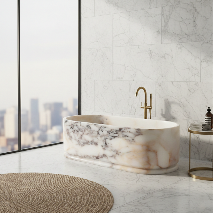 Leif oval bathtub lifestyle view in Calacatta Viola
