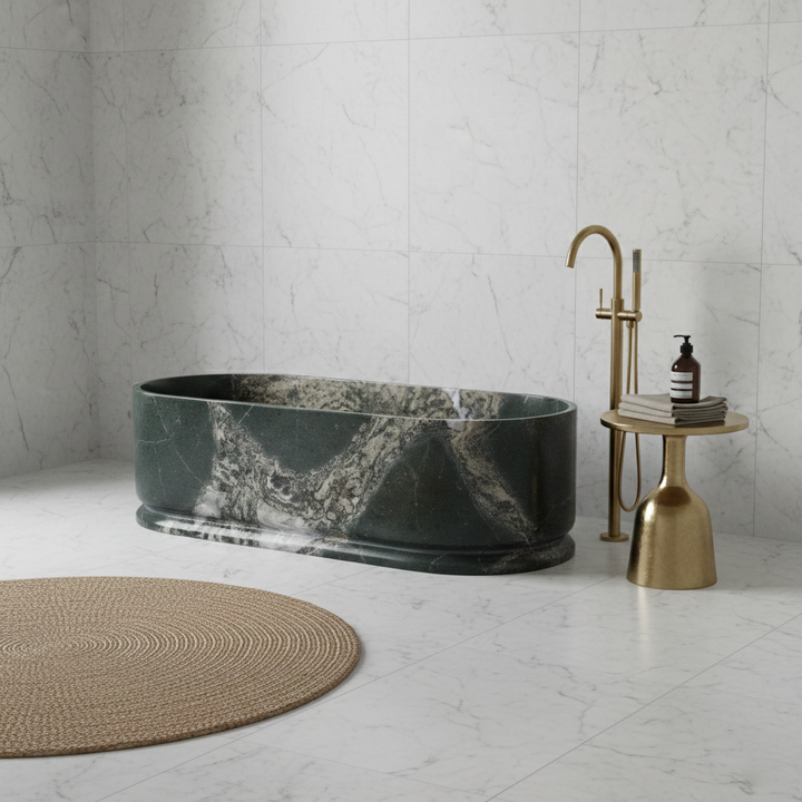 Leif oval bathtub lifestyle view in Emerald Green Quartzite
