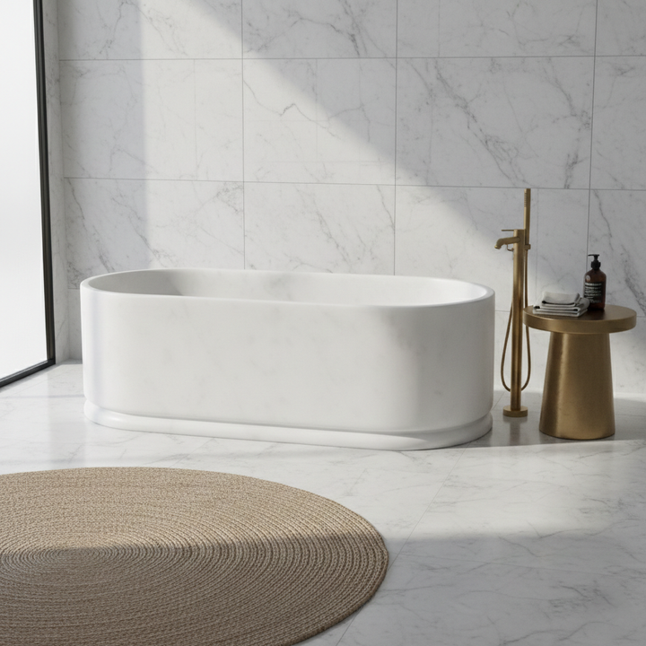 Leif oval bathtub lifestyle view in White Carrara
