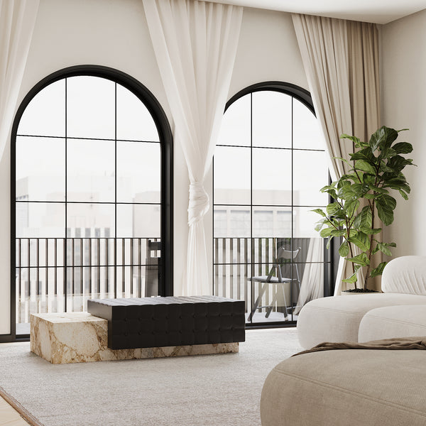 Maribo tufted leather marble chaise lifestyle view in Beige Breccia