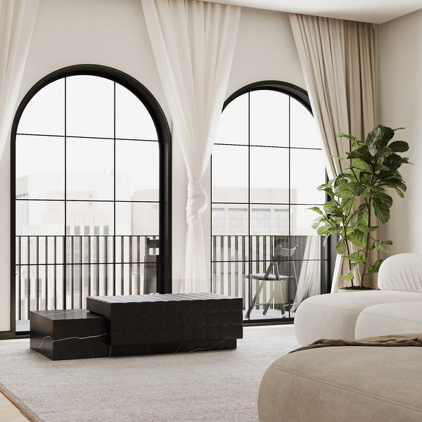 Maribo tufted leather marble chaise lifestyle view in Grey Galaxy