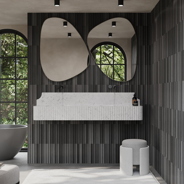 Skive ribbed double basin lifestyle view in White Carrara