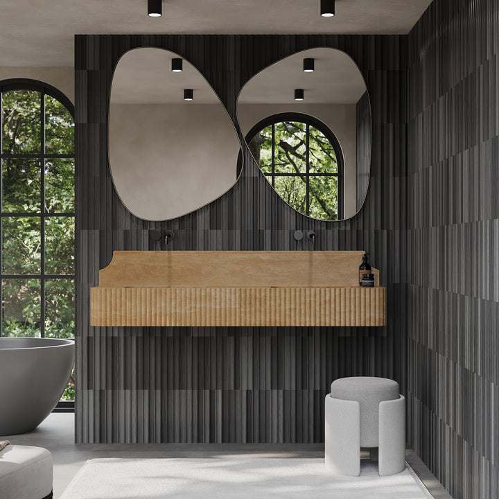 Skive ribbed double basin lifestyle view in Beige Travertine