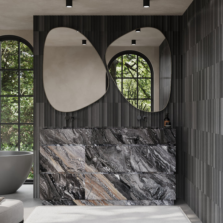 Orca double basin marble vanity styled in luxury bathroom