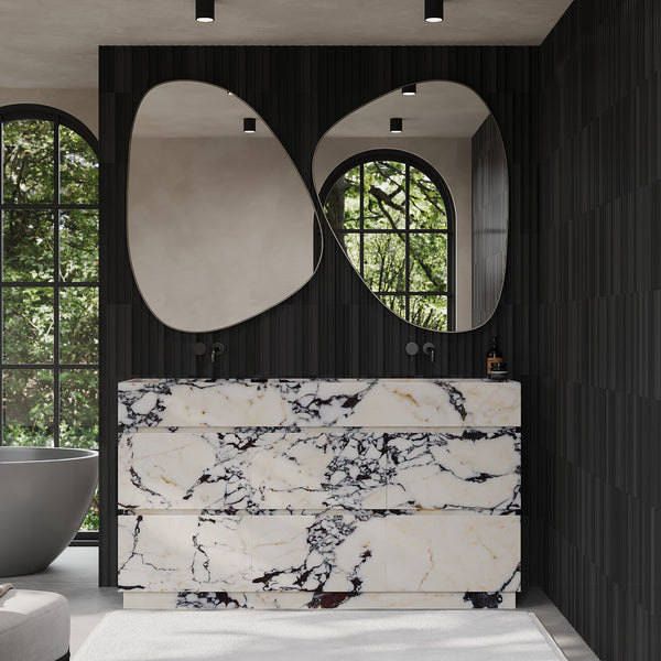 Orca double basin marble vanity styled in luxury bathroom