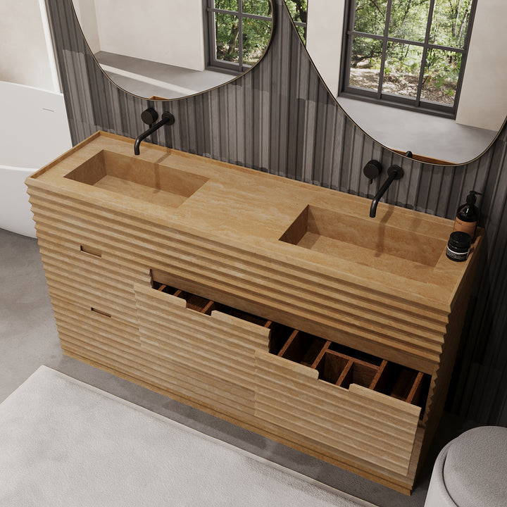 Njord vanity open drawer detail in Beige Travertine