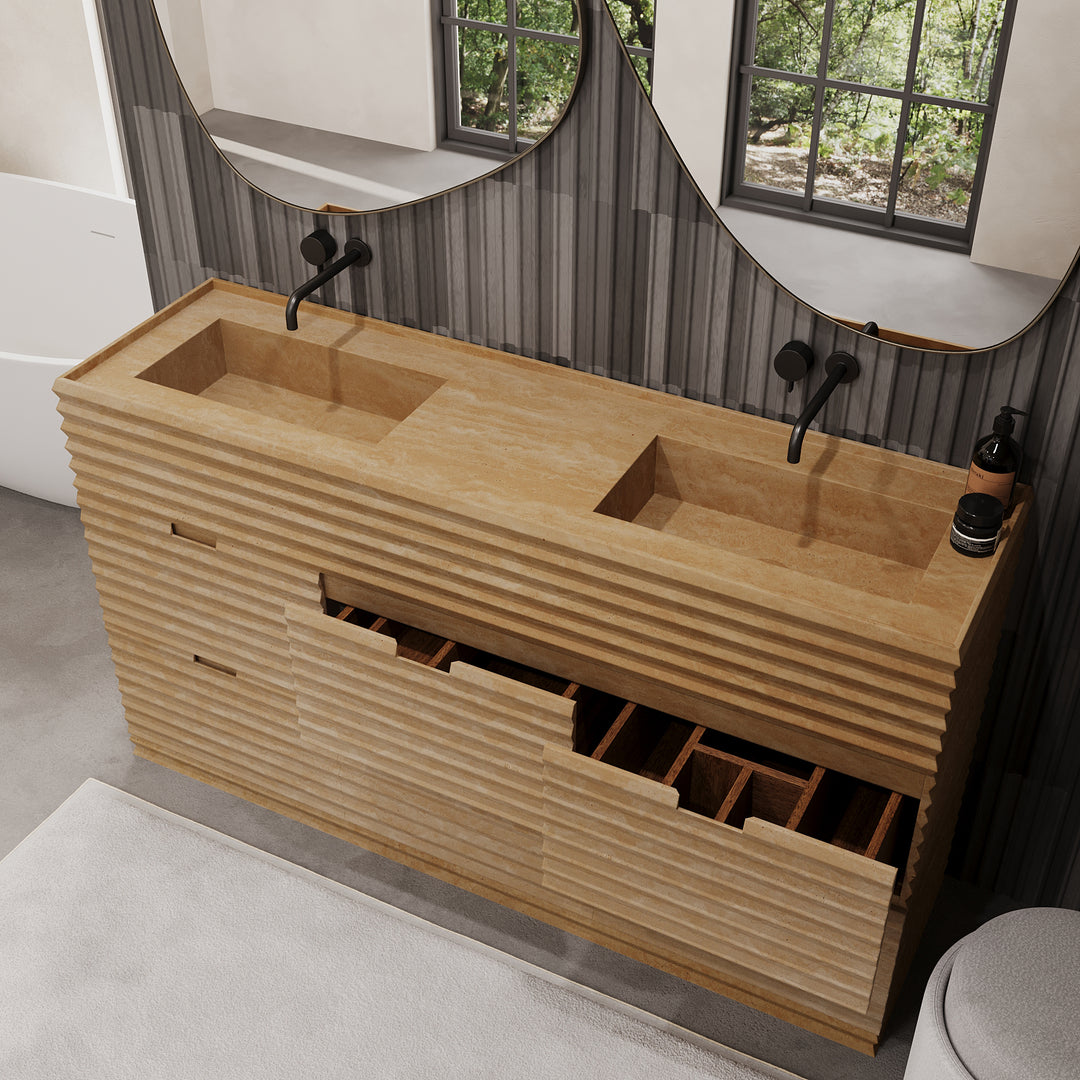 Njord - Ribbed Marble - Double Basin Bathroom Vanity - Beige Travertine