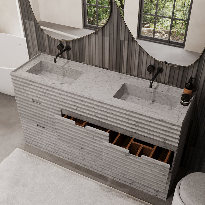Njord vanity open drawer detail in White Carrara side