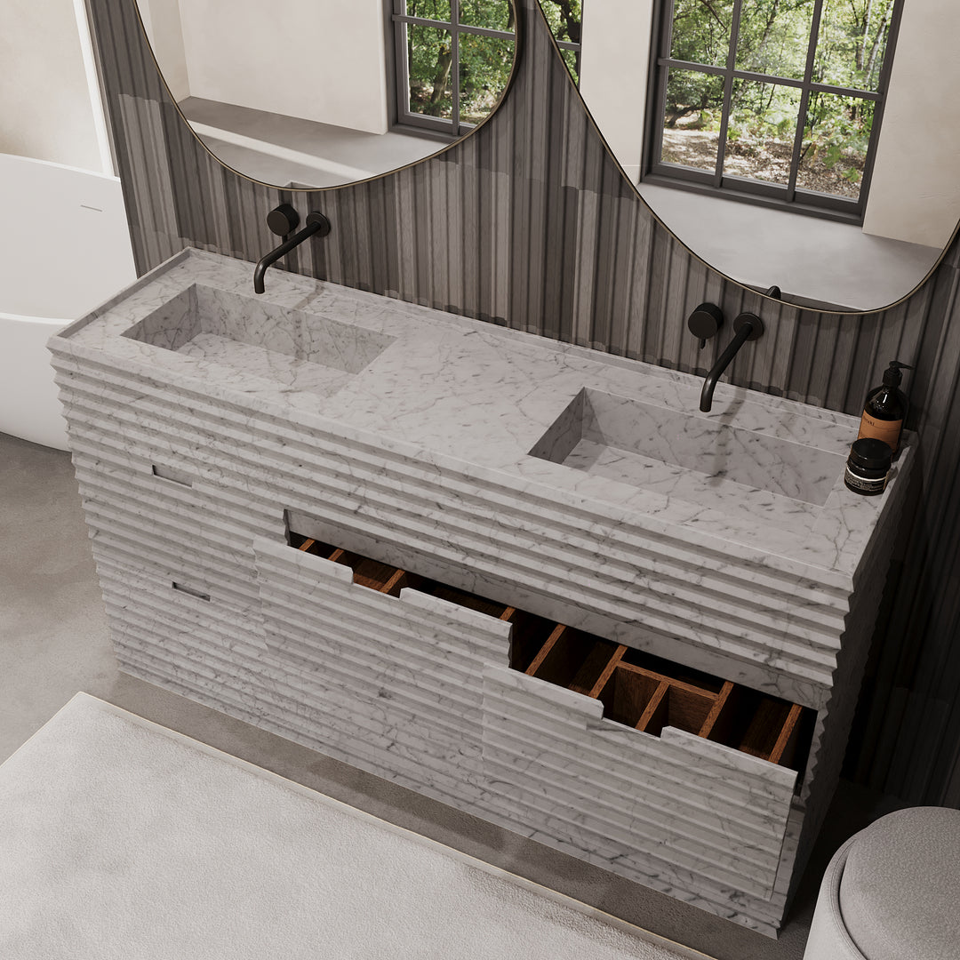 Njord - Ribbed Marble - Double Basin Bathroom Vanity - White Carrara