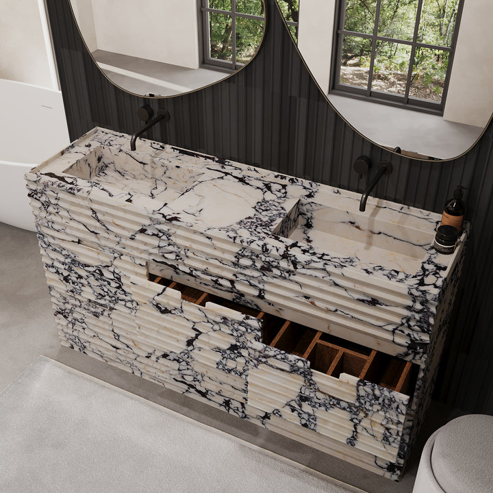 Njord double basin vanity front view in Calacatta Viola